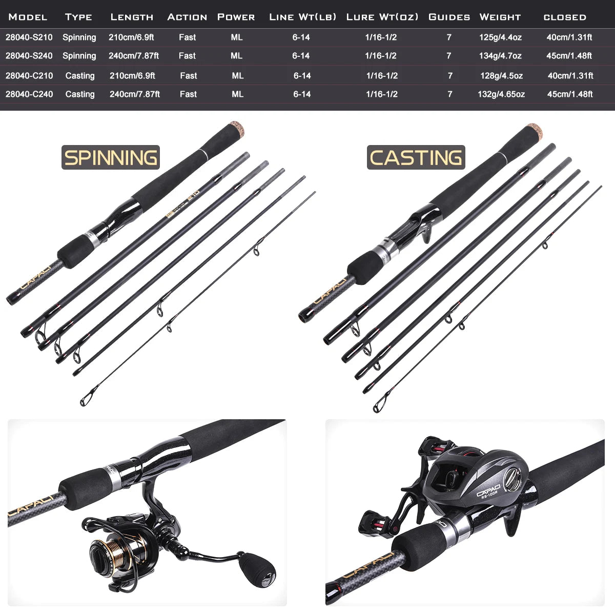 Travel Rod 2.1m 2.4m 2.7m Carbon Spinning Casting Ultralight ML