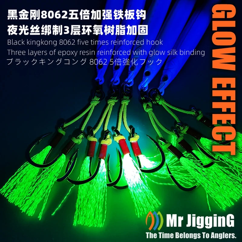 Mr JigginG 5X Heavy Duty Double Assist Hooks 1/0-5/0 Slow Jigging Twin Glow Hooks