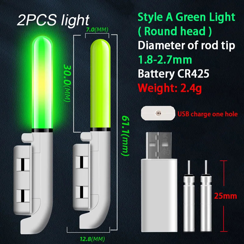 2pcs Rechargeable LED Rod Tip Lights for night fishing