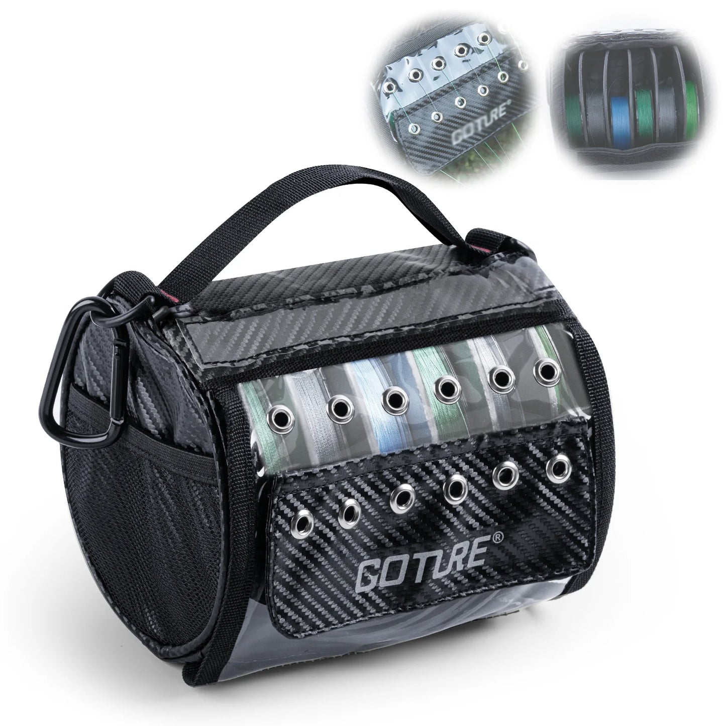 Goture Fishing Line Storage Bag | 3–6 Outlet Holes | Clear Window | Removable Divider | Line Spool Organizer
