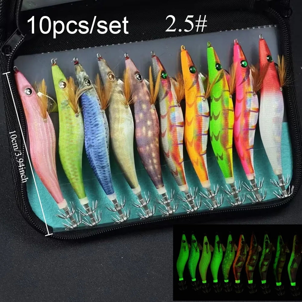 Ackibbik Glow Shrimp Squid Jigs (10-Pack) | Luminous Realistic Shrimp Lures | Saltwater Squid & Cuttlefish Bait