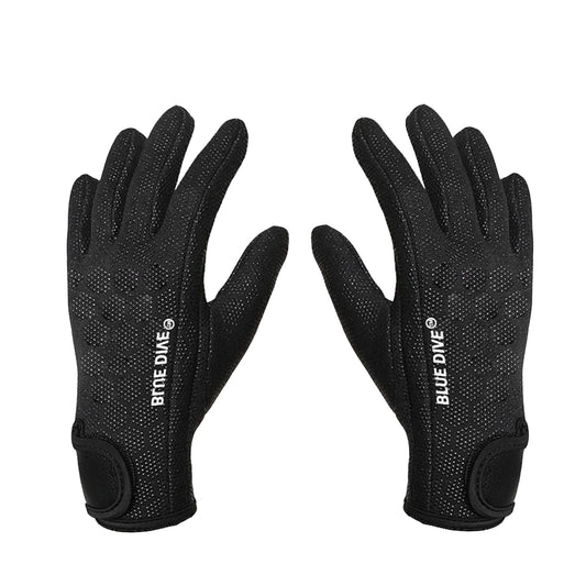 Black gloves with textured palm and 'BLUE DIVE' branding on a white background