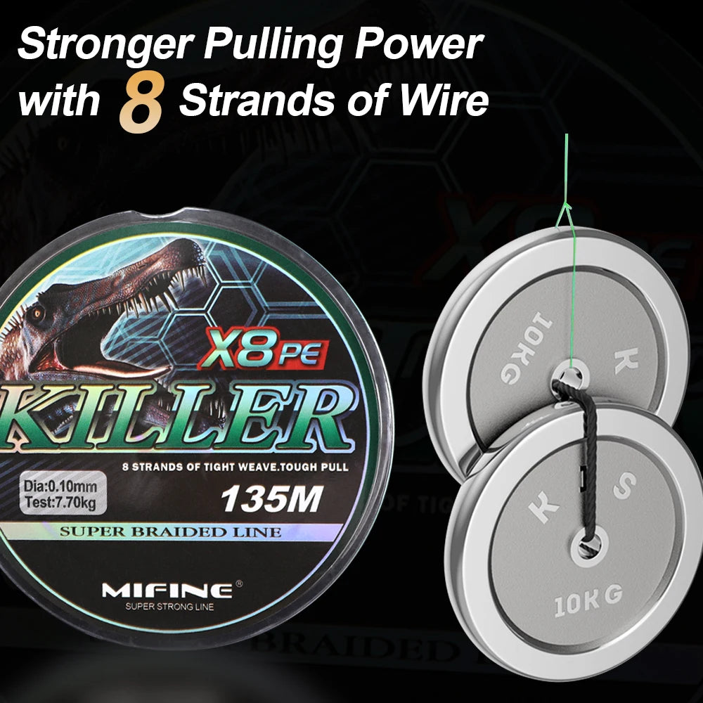 MIFINE Killer X8 Braided Line | 135m | 8-Strand PE | 15–56LB | Super Strong Multifilament Fishing Line