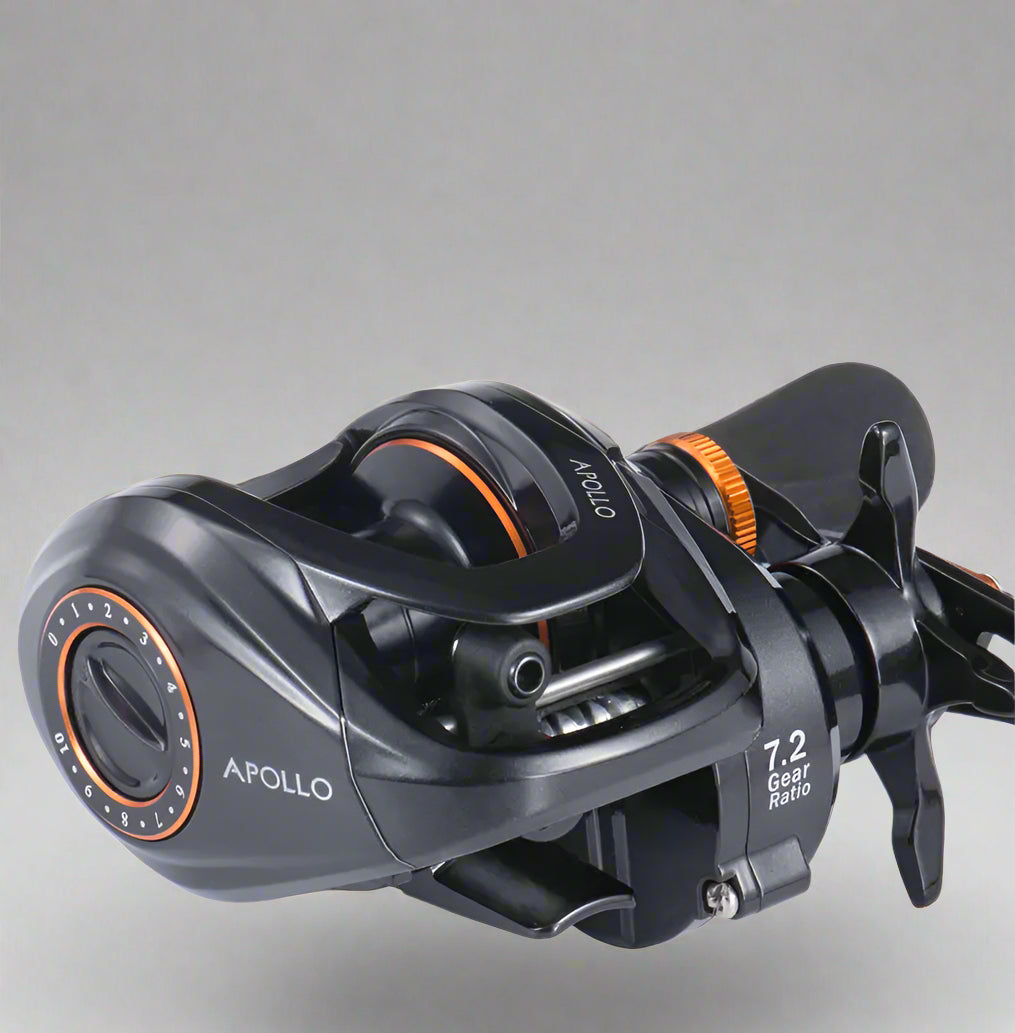 Fishing reel with '8+1 Bearings' text on a white background