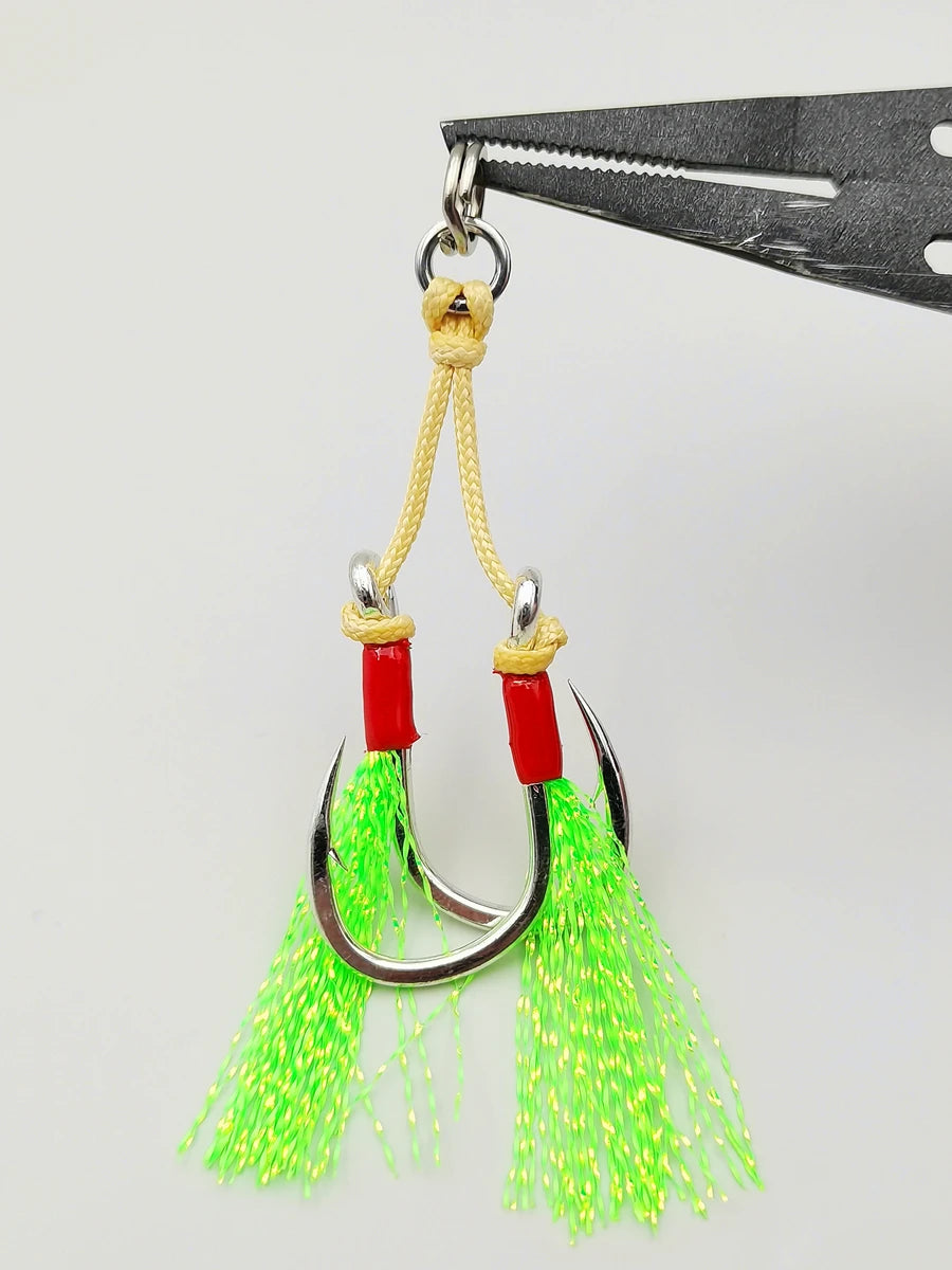 Mr JigginG 5X Heavy Duty Double Assist Hooks 1/0-5/0 Slow Jigging Twin Glow Hooks
