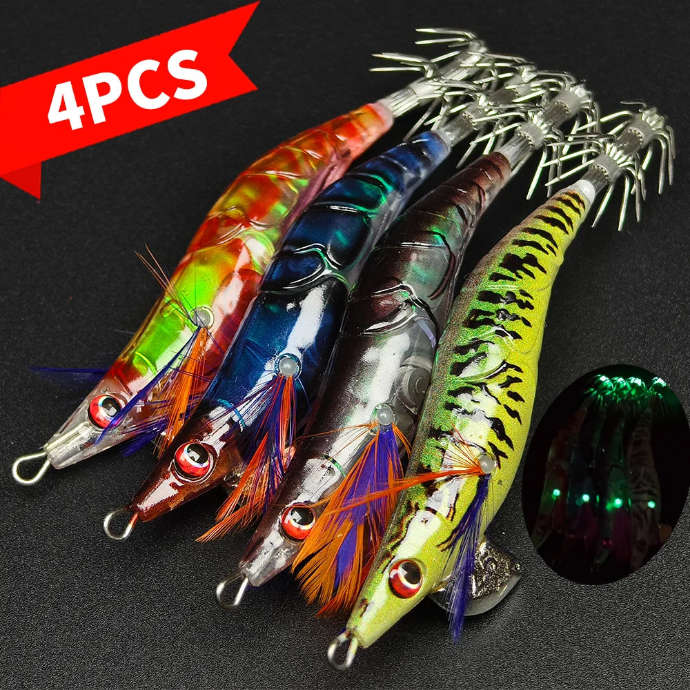 Luminous Shrimp Squid Lures (4-Pack) | Slow-Sinking Jigging Baits | Octopus & Cuttlefish Fishing