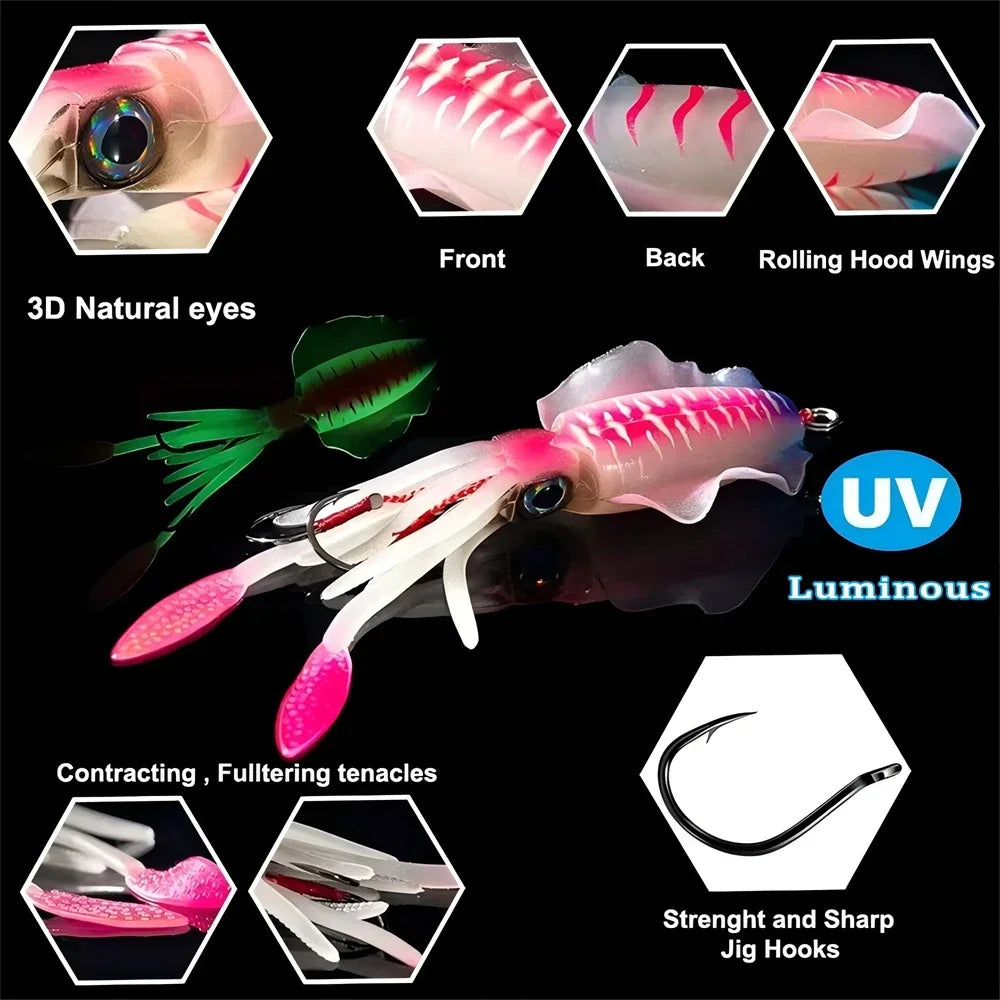 ZUKIBO Luminous Squid Soft Bait | 60g Octopus Head Jig | UV Glow | Deep Sea Trolling & Boat Fishing Lure