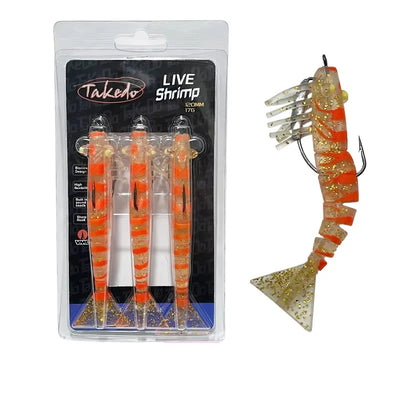 TAKEDO 3-Piece Dirty Prawn Lure Set – 90 mm & 120 mm Soft TPE Shrimp Lures with 5/0 VMC Hooks