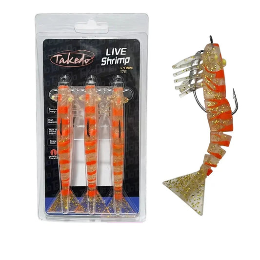 TAKEDO 3-Piece Dirty Prawn Lure Set – 90 mm & 120 mm Soft TPE Shrimp Lures with 5/0 VMC Hooks