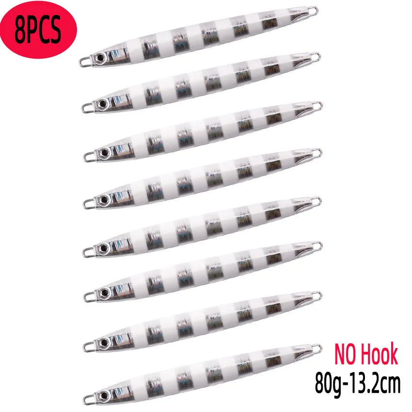 Slim Jig Set – 8 pcs 80 g Metal Jigs (Optional Hooks, Saltwater Ready)