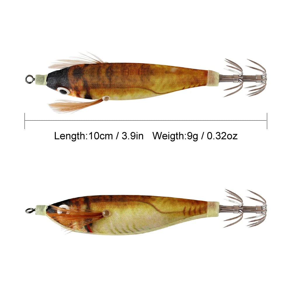 Luminous Wooden Squid Jigs (14-Pack) | 10cm 9g | Shrimp Body | 3D Eyes | Squid, Octopus & Cuttlefish Lures