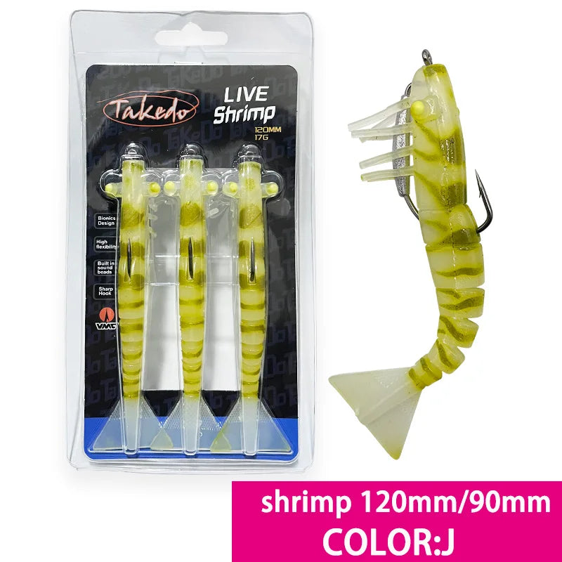 TAKEDO 3-Piece Dirty Prawn Lure Set – 90 mm & 120 mm Soft TPE Shrimp Lures with 5/0 VMC Hooks