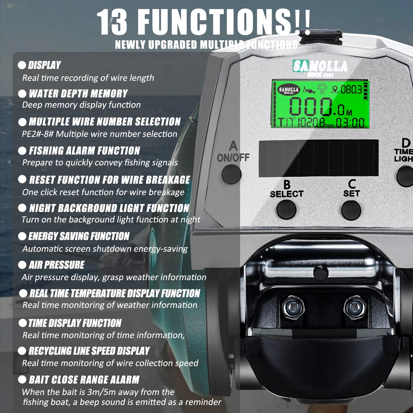 SAMOLLA Large Electronic Baitcasting Reel | Solar + USB Charging | Digital Display | Temp & Air Pressure Monitor