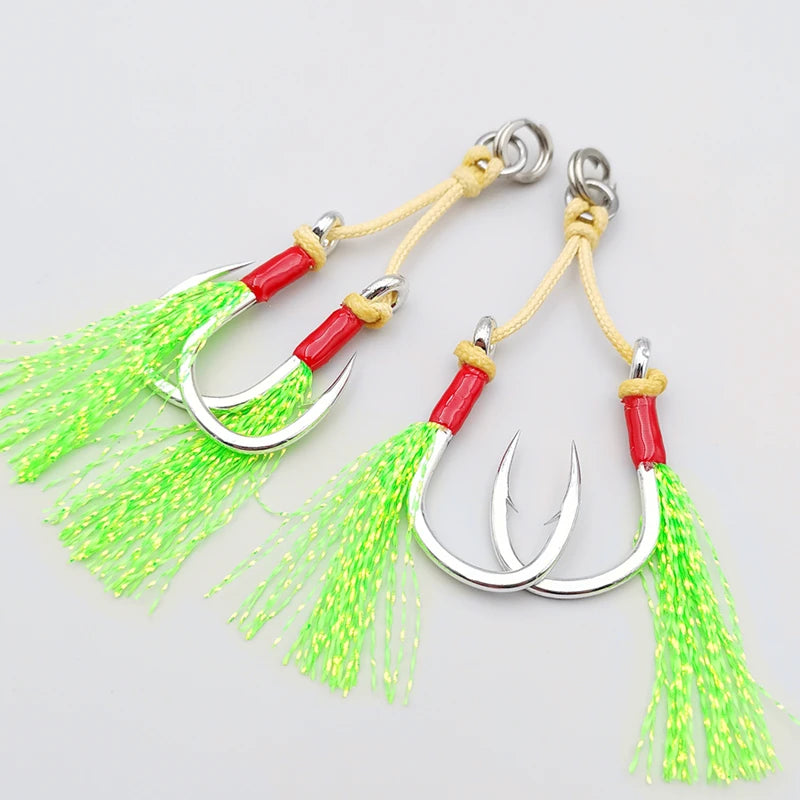 Mr JigginG 5X Heavy Duty Double Assist Hooks 1/0-5/0 Slow Jigging Twin Glow Hooks