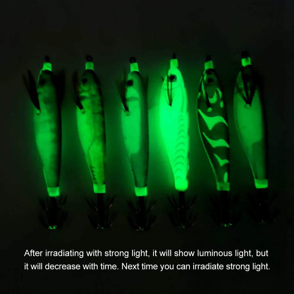 Luminous Wooden Squid Jigs (14-Pack) | 10cm 9g | Shrimp Body | 3D Eyes | Squid, Octopus & Cuttlefish Lures