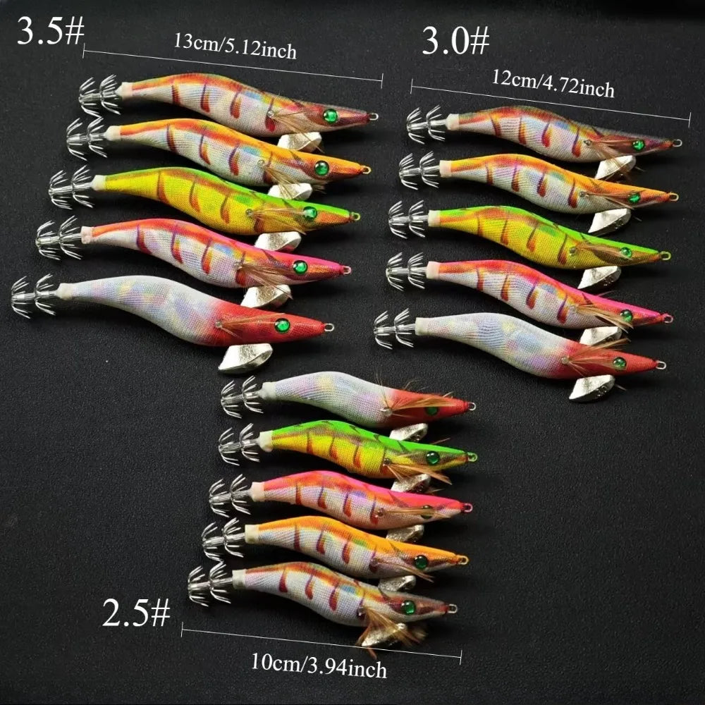 Ackibbik Glow Shrimp Squid Jigs (10-Pack) | Luminous Realistic Shrimp Lures | Saltwater Squid & Cuttlefish Bait
