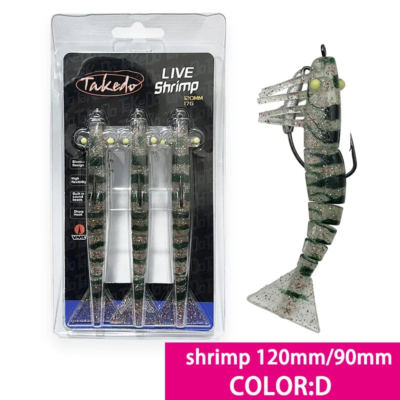 TAKEDO 3-Piece Dirty Prawn Lure Set – 90 mm & 120 mm Soft TPE Shrimp Lures with 5/0 VMC Hooks