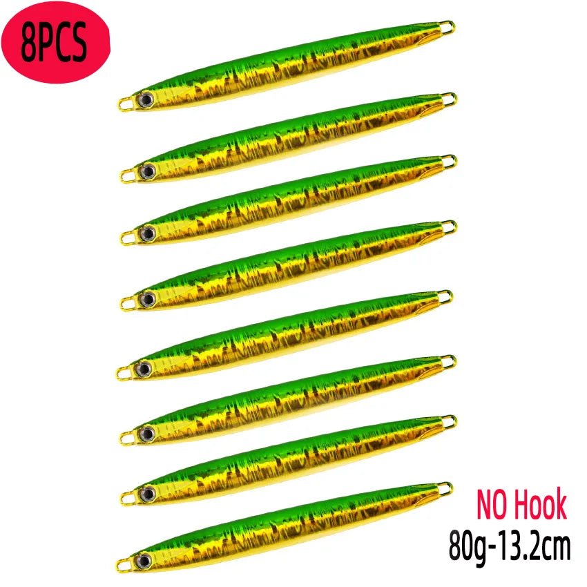 Slim Jig Set – 8 pcs 80 g Metal Jigs (Optional Hooks, Saltwater Ready)