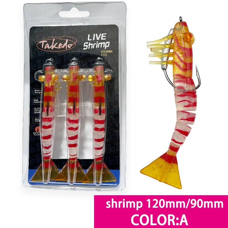 TAKEDO 3-Piece Dirty Prawn Lure Set – 90 mm & 120 mm Soft TPE Shrimp Lures with 5/0 VMC Hooks