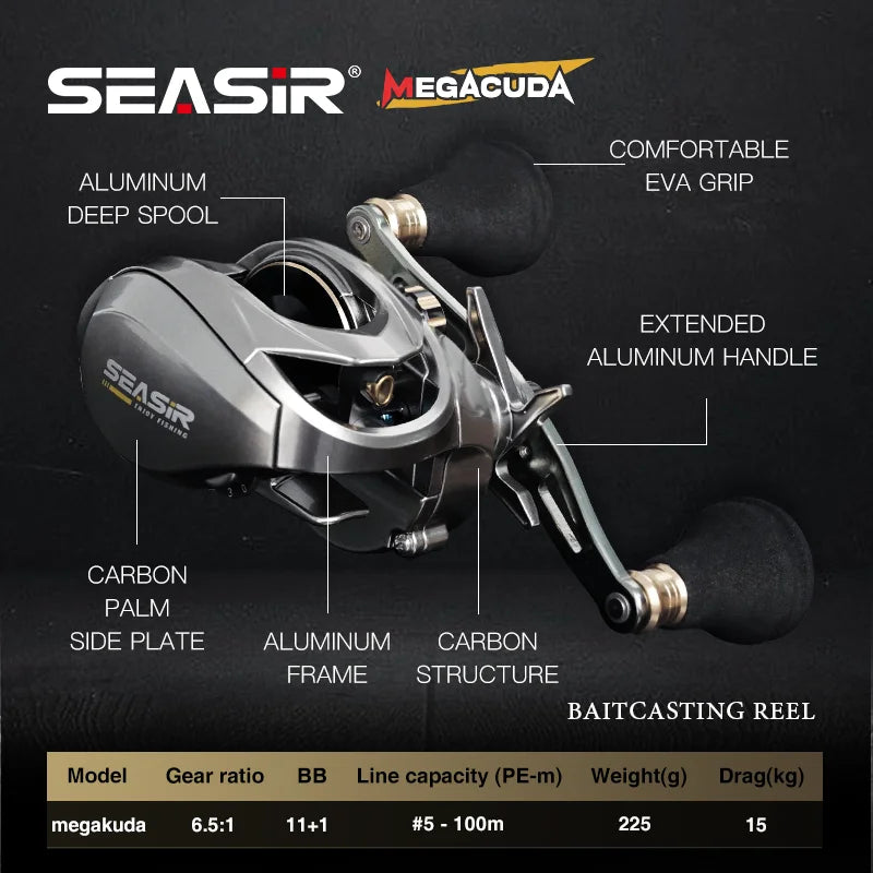 Seasir Megacuda Baitcaster | 15KG Max Drag | Aluminum Frame | Carbon Side Plate | 6.5:1 | Double Metal Handle