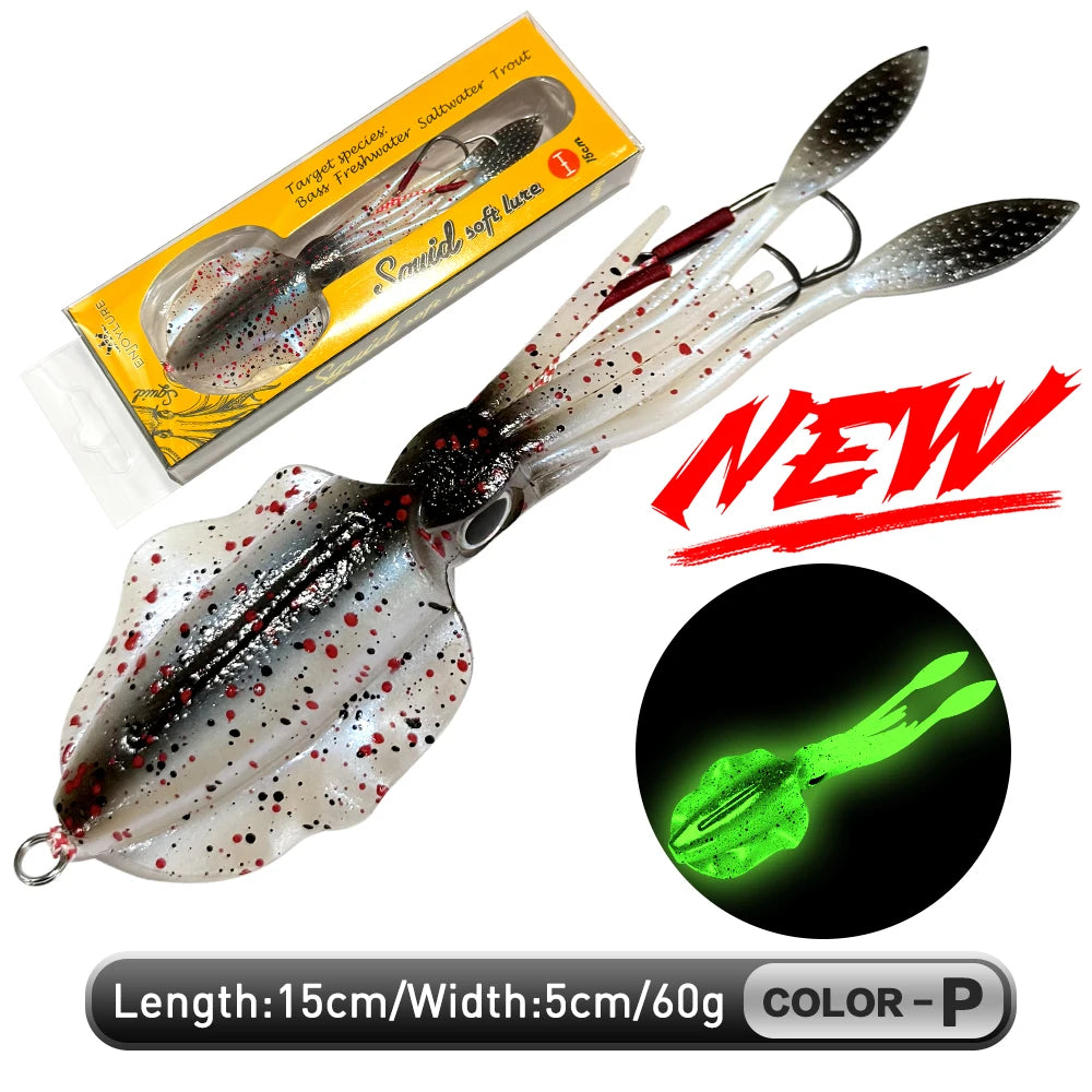 ZUKIBO Luminous Squid Soft Bait | 60g Octopus Head Jig | UV Glow | Deep Sea Trolling & Boat Fishing Lure