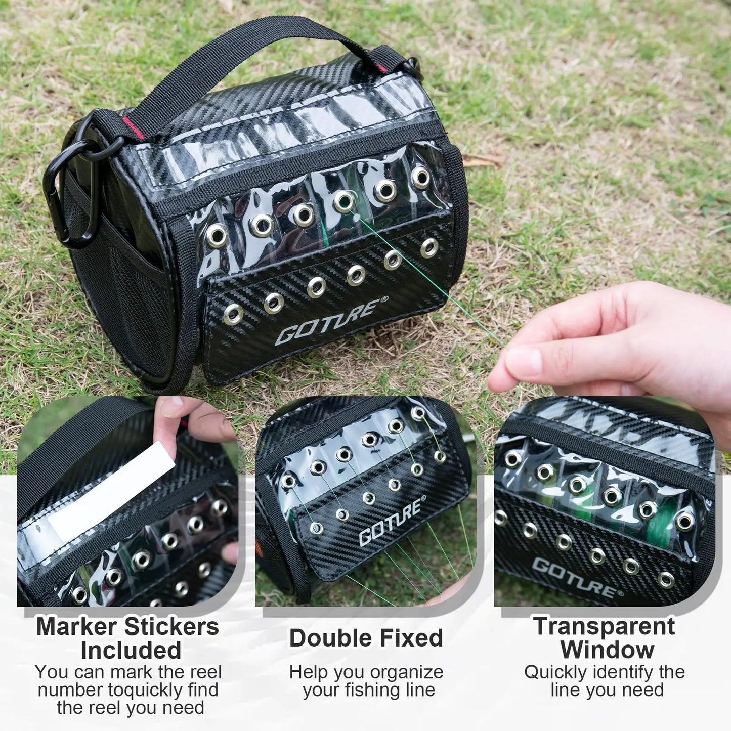 Goture Fishing Line Storage Bag | 3–6 Outlet Holes | Clear Window | Removable Divider | Line Spool Organizer