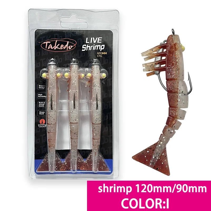 TAKEDO 3-Piece Dirty Prawn Lure Set – 90 mm & 120 mm Soft TPE Shrimp Lures with 5/0 VMC Hooks