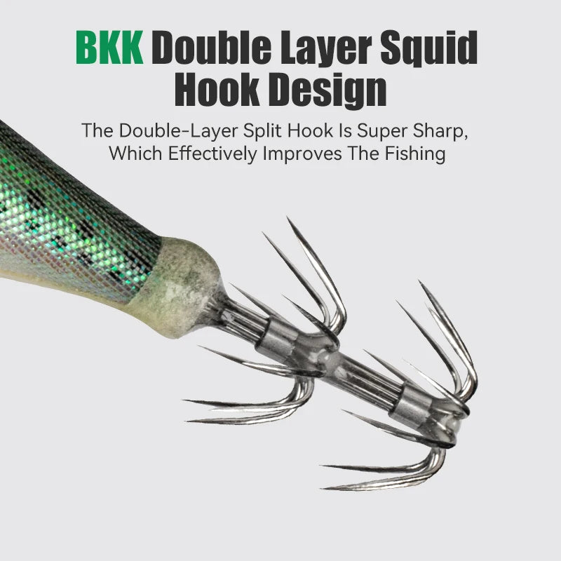 LEYDUN Wooden Squid Jigs Set (14-Pack) | Horizontal Shrimp Body | Luminous Eyes | BKK Hooks | Squid & Cuttlefish Lures