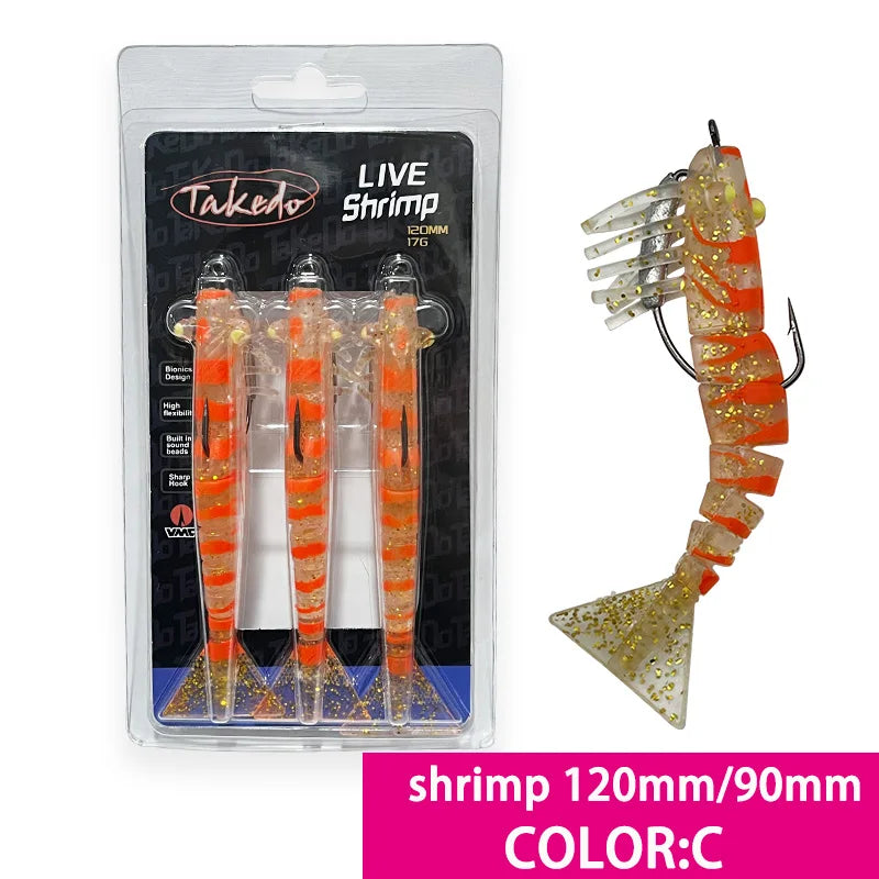 TAKEDO 3-Piece Dirty Prawn Lure Set – 90 mm & 120 mm Soft TPE Shrimp Lures with 5/0 VMC Hooks
