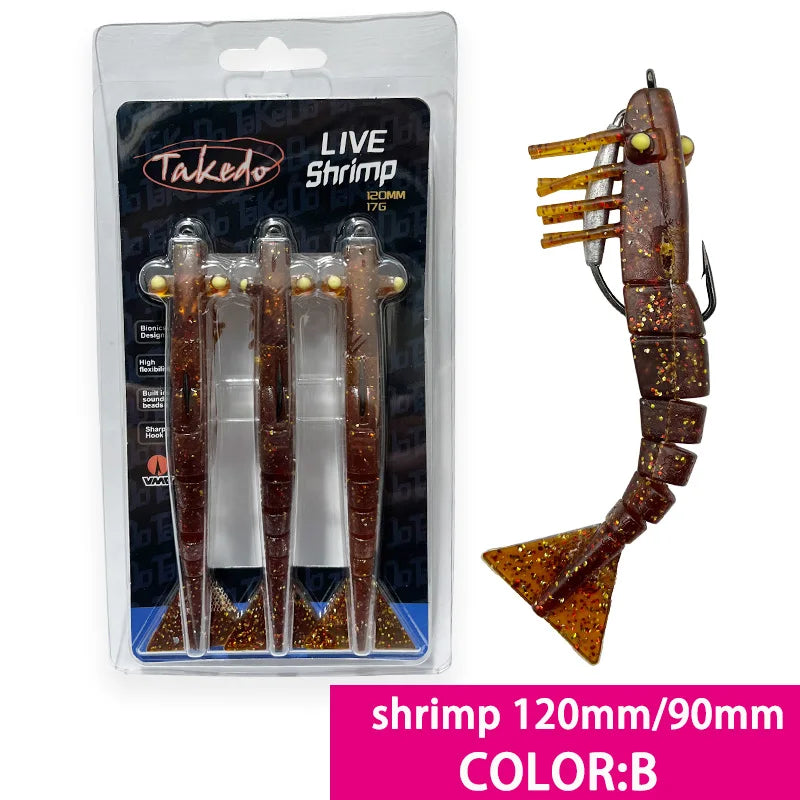TAKEDO 3-Piece Dirty Prawn Lure Set – 90 mm & 120 mm Soft TPE Shrimp Lures with 5/0 VMC Hooks