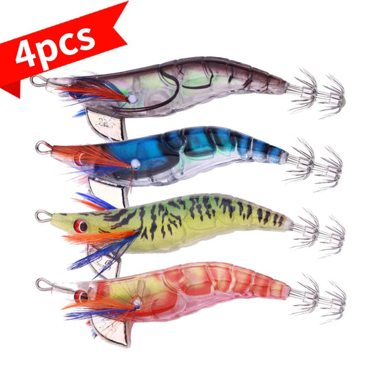 Luminous Shrimp Squid Lures (4-Pack) | Slow-Sinking Jigging Baits | Octopus & Cuttlefish Fishing