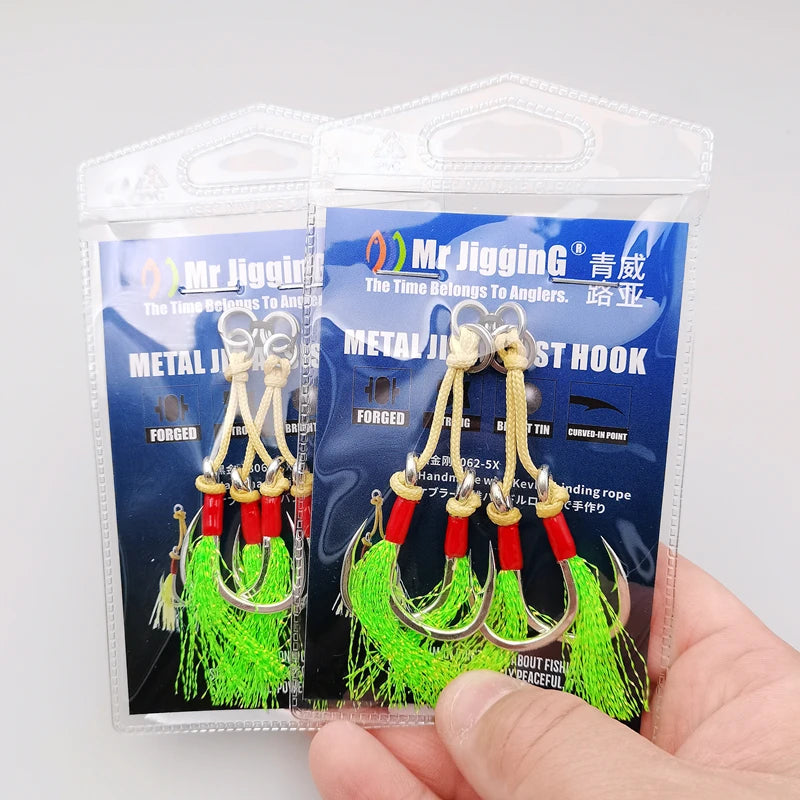 Mr JigginG 5X Heavy Duty Double Assist Hooks 1/0-5/0 Slow Jigging Twin Glow Hooks
