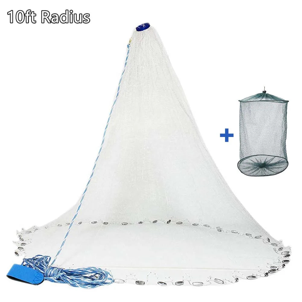 American-Style Saltwater Cast Net | 3–10ft Radius | Heavy-Duty Zinc Weights | Bait Fishing Net