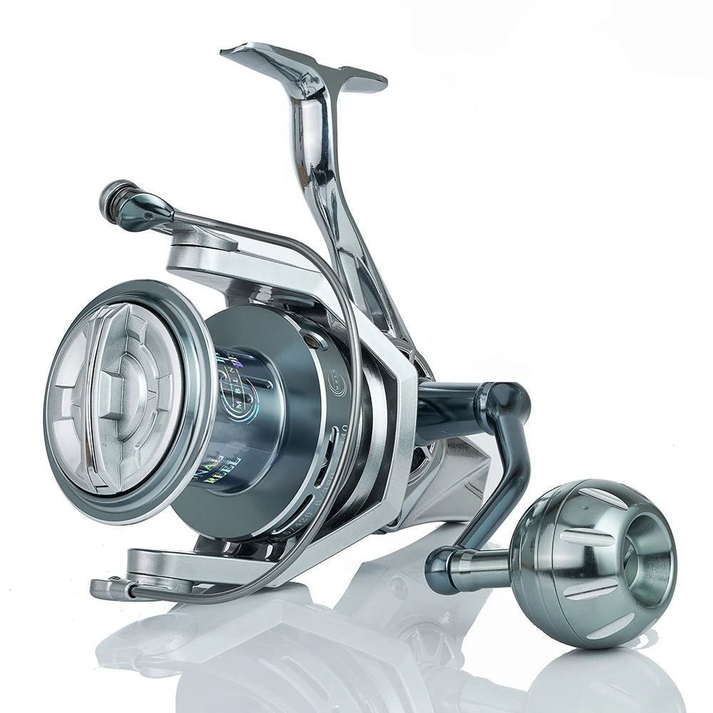 Fishing reel with '35KG MAX DRAG' text and a man holding a fish in the background.