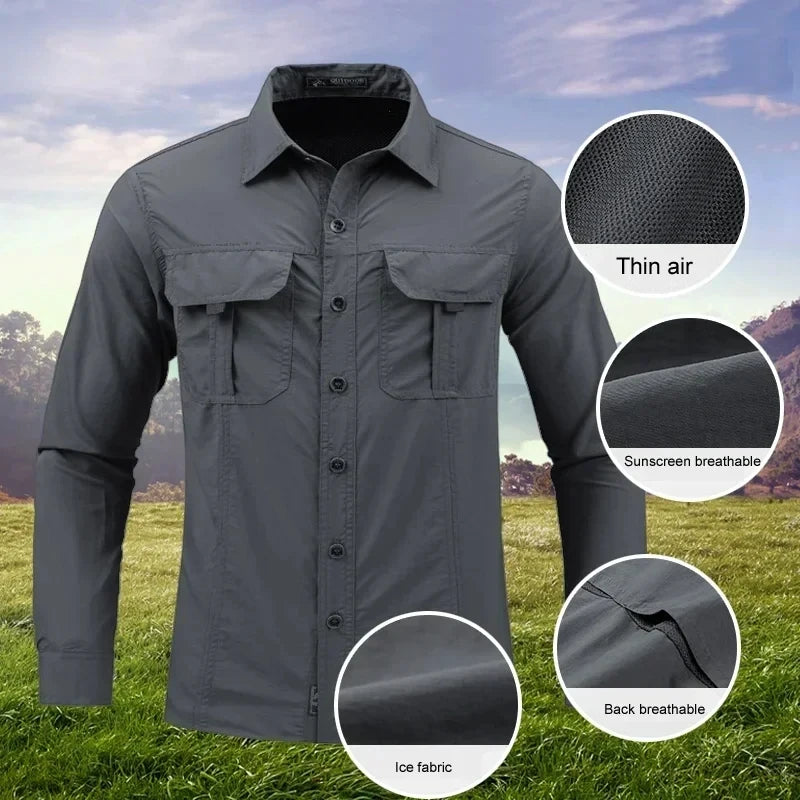 Men’s Long Sleeve Outdoor Cargo Shirt | Waterproof | Multi-Pocket | Summer Camping & Fishing Shirt