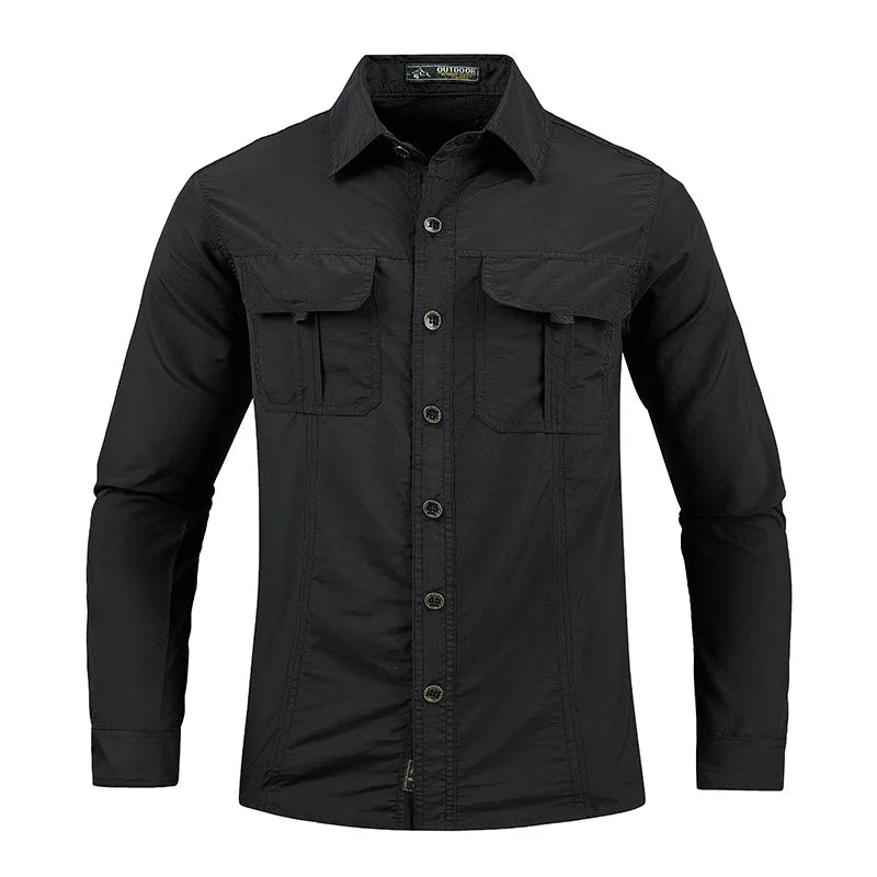 Men’s Long Sleeve Outdoor Cargo Shirt | Waterproof | Multi-Pocket | Summer Camping & Fishing Shirt
