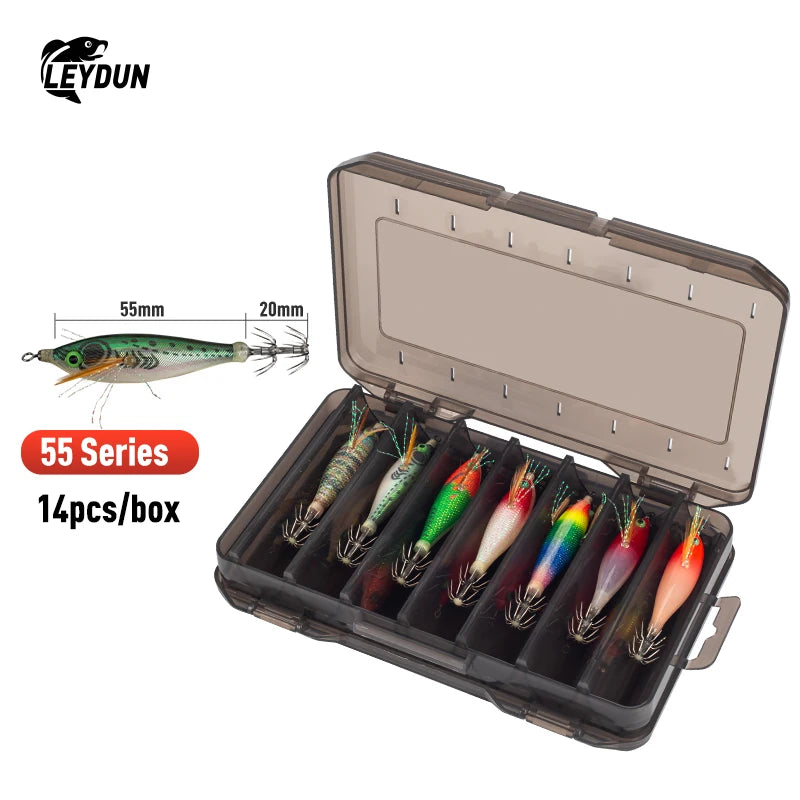 LEYDUN Wooden Squid Jigs Set (14-Pack) | Horizontal Shrimp Body | Luminous Eyes | BKK Hooks | Squid & Cuttlefish Lures