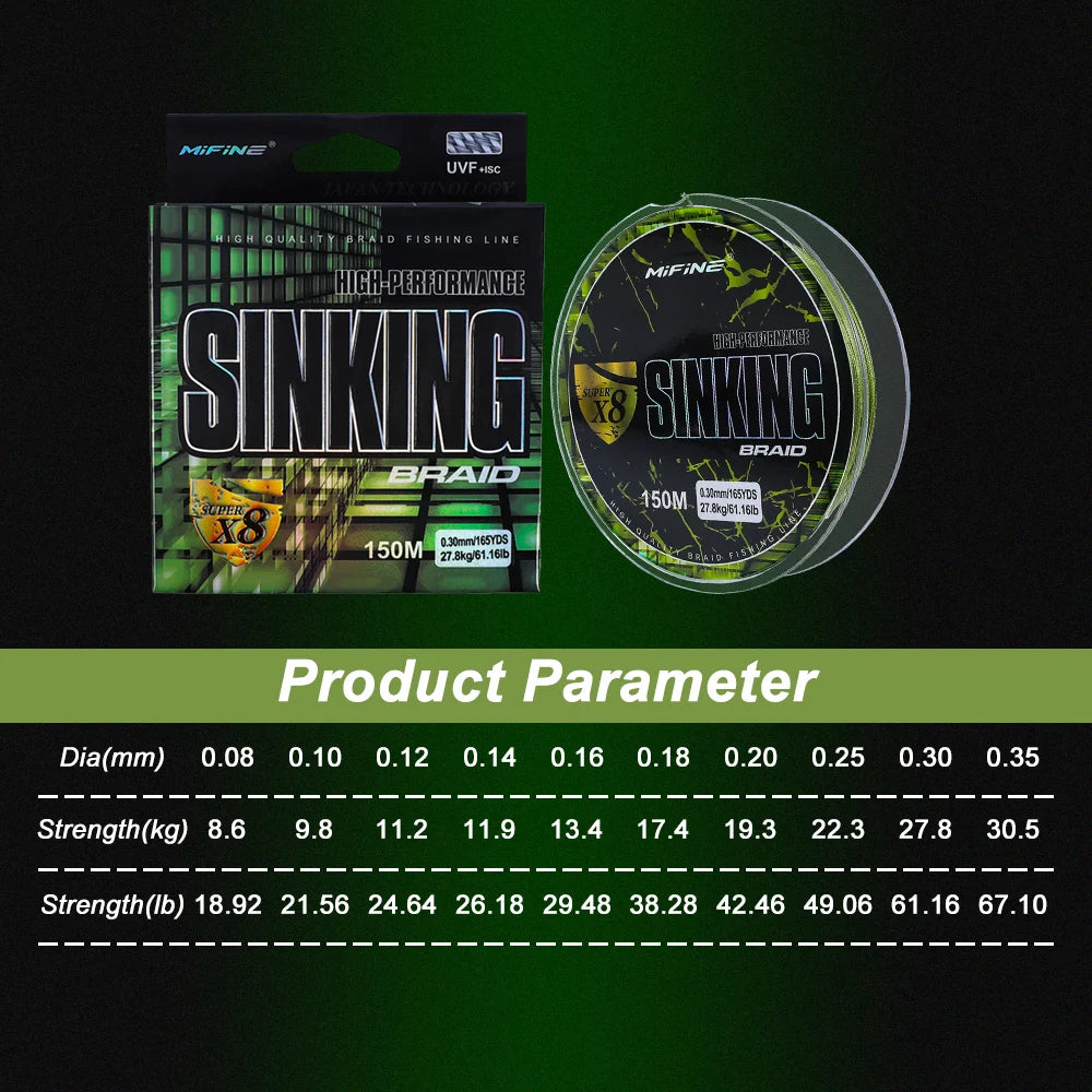 MIFINE Sinking X8 Braided Line | 150m | 8-Strand PE | 18–67LB | Super Strong Sinking Multifilament