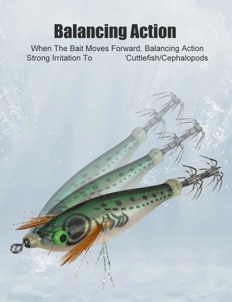 LEYDUN Wooden Squid Jigs Set (14-Pack) | Horizontal Shrimp Body | Luminous Eyes | BKK Hooks | Squid & Cuttlefish Lures