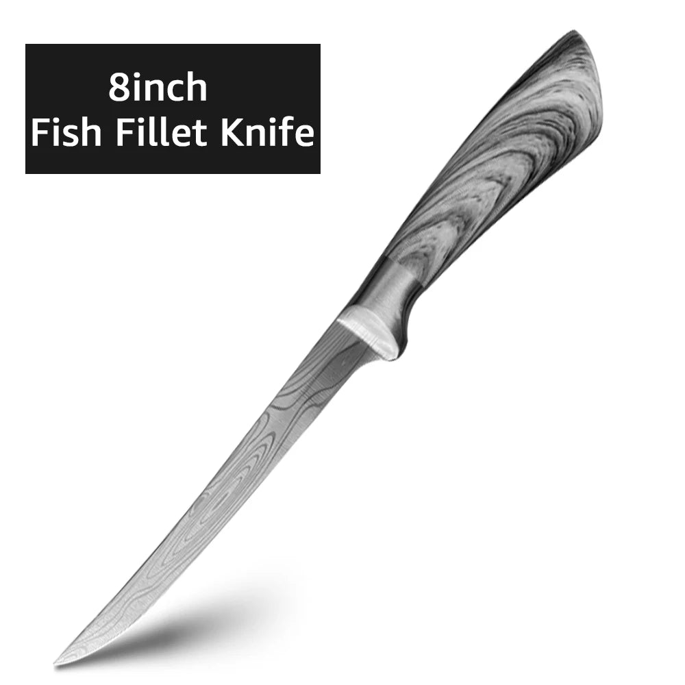 Stainless Steel Fishing & Fillet Knife | 6” / 7” / 8” | Damascus-Style Finish