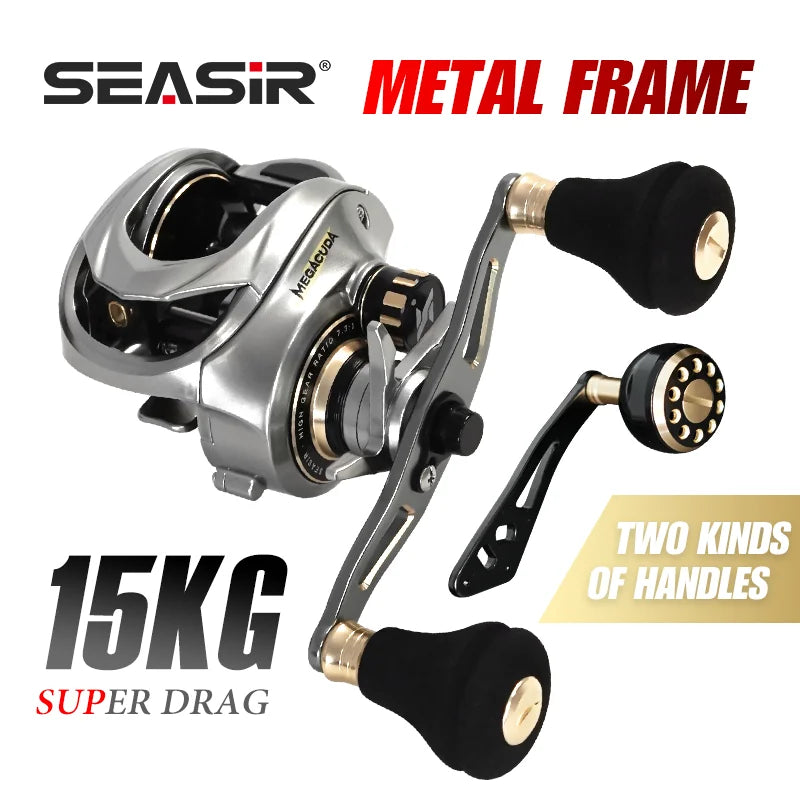 Seasir Megacuda Baitcaster | 15KG Max Drag | Aluminum Frame | Carbon Side Plate | 6.5:1 | Double Metal Handle