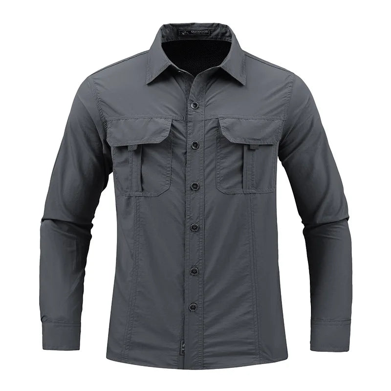 Men’s Long Sleeve Outdoor Cargo Shirt | Waterproof | Multi-Pocket | Summer Camping & Fishing Shirt