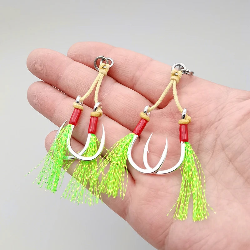 Mr JigginG 5X Heavy Duty Double Assist Hooks 1/0-5/0 Slow Jigging Twin Glow Hooks