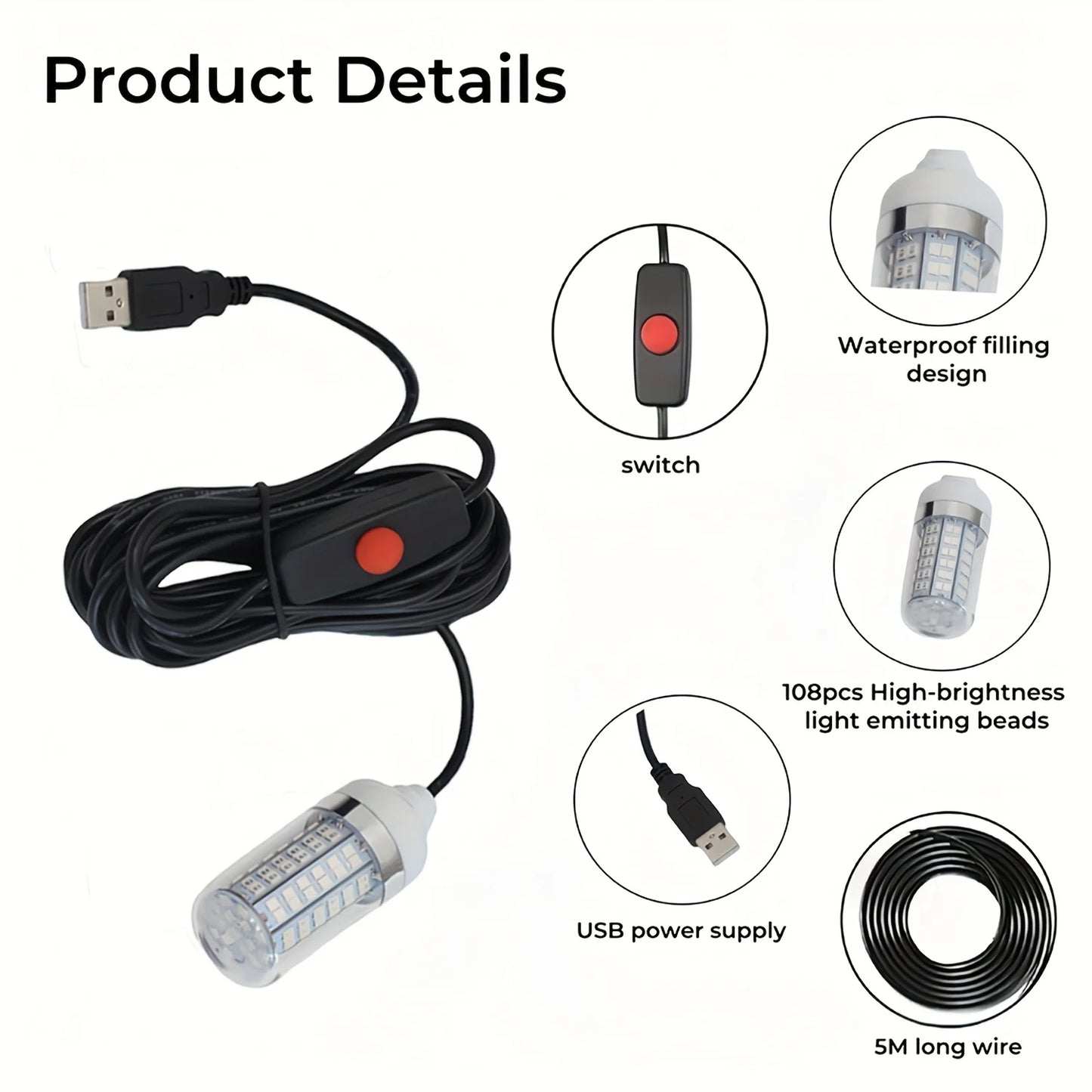 108-LED Underwater Fishing Light | Green Night Attractor | IP68 Waterproof | USB Powered | 5m Cable