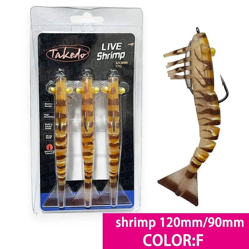 TAKEDO 3-Piece Dirty Prawn Lure Set – 90 mm & 120 mm Soft TPE Shrimp Lures with 5/0 VMC Hooks
