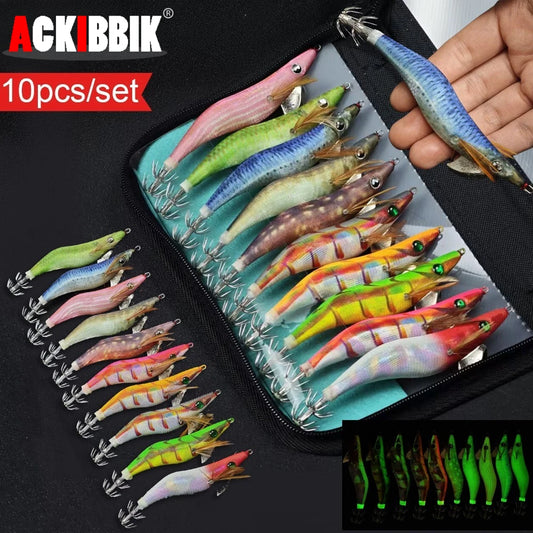 Ackibbik Glow Shrimp Squid Jigs (10-Pack) | Luminous Realistic Shrimp Lures | Saltwater Squid & Cuttlefish Bait