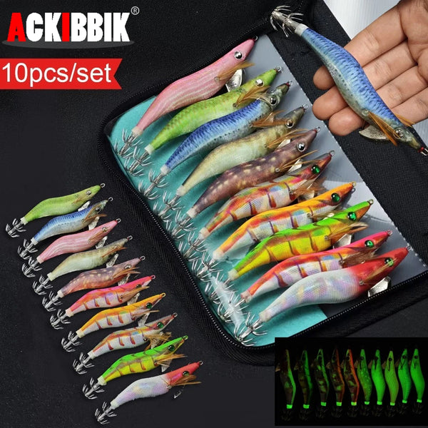 Ackibbik Glow Shrimp Squid Jigs (10-Pack) | Luminous Realistic Shrimp Lures | Saltwater Squid & Cuttlefish Bait