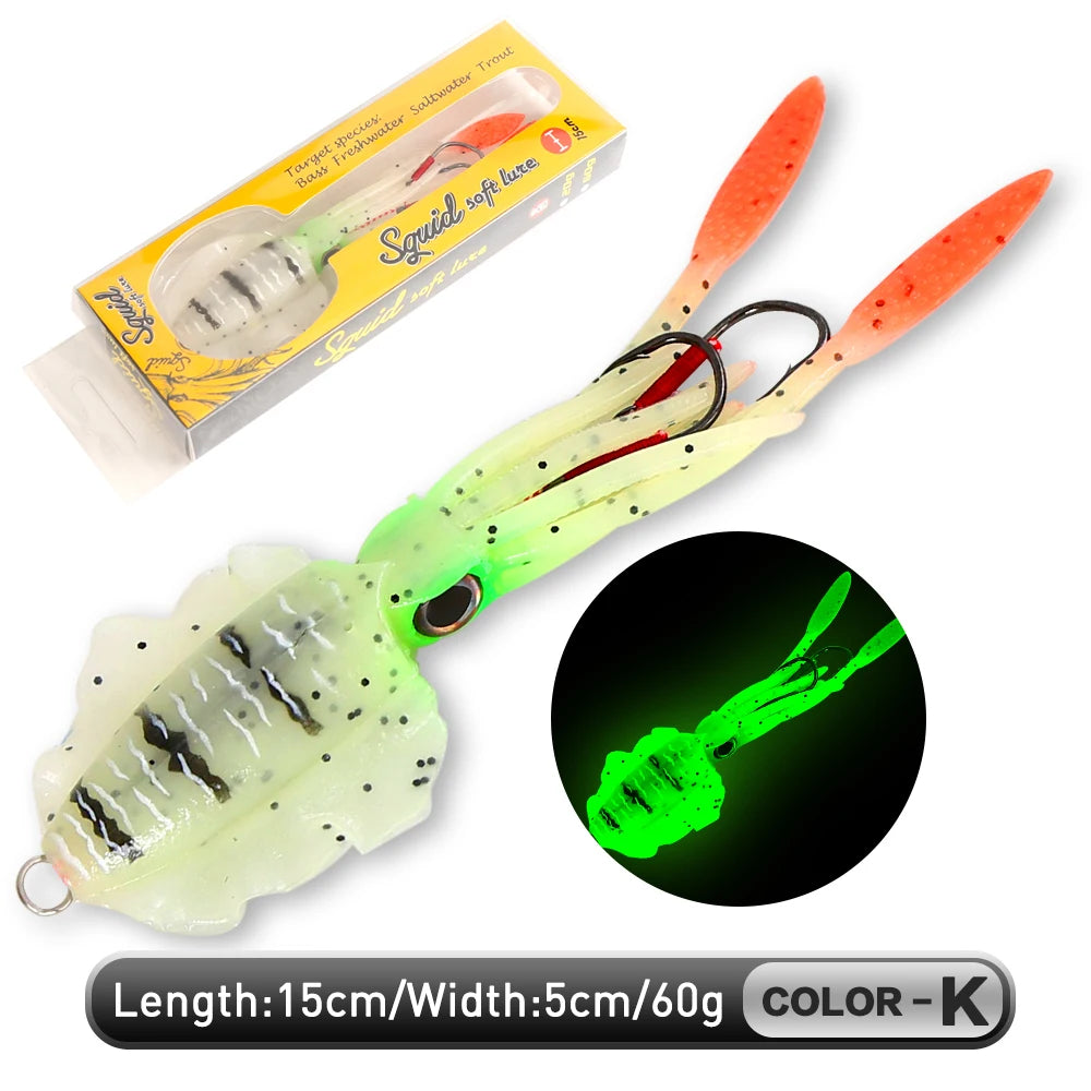 ZUKIBO Luminous Squid Soft Bait | 60g Octopus Head Jig | UV Glow | Deep Sea Trolling & Boat Fishing Lure