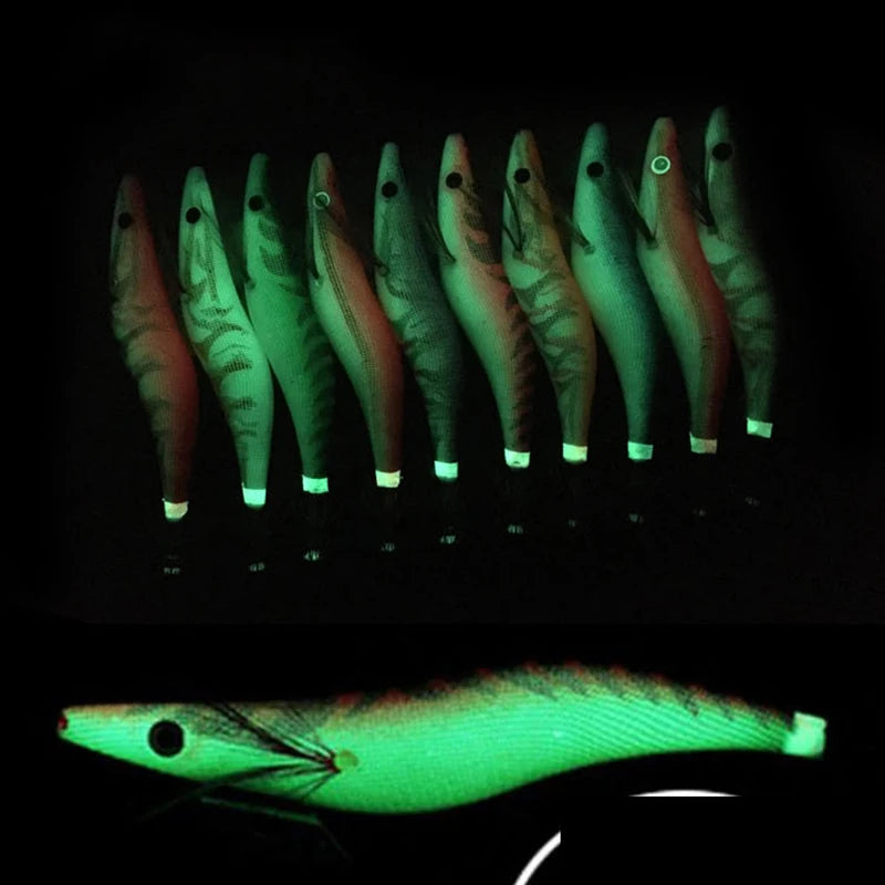Squid & Cuttlefish Jig Set (10-Pack) | 3.5# | 19.5g | Luminous Octopus Shrimp Jigs with 3D Eyes