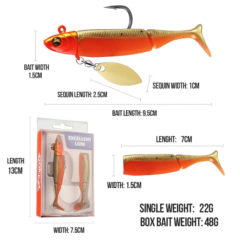TAIYU Soft Lure & Spinner Combo | 20g Jig Head | T-Tail Silicone Wobbler + Metal Spoon Blade | Pike, Trout & Bass